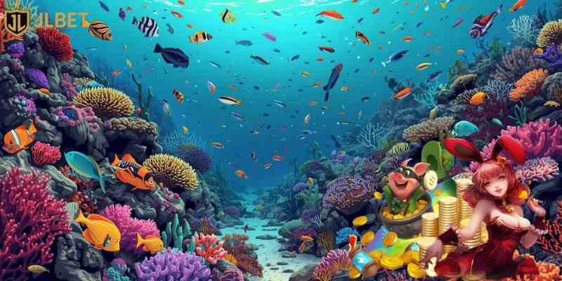 colorful coral reef environment similar to arcade fishing game background