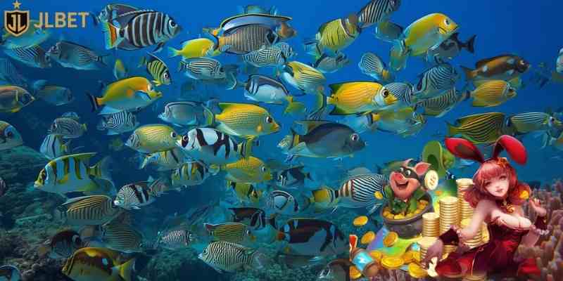 group of tropical fish similar to targets in arcade fishing game